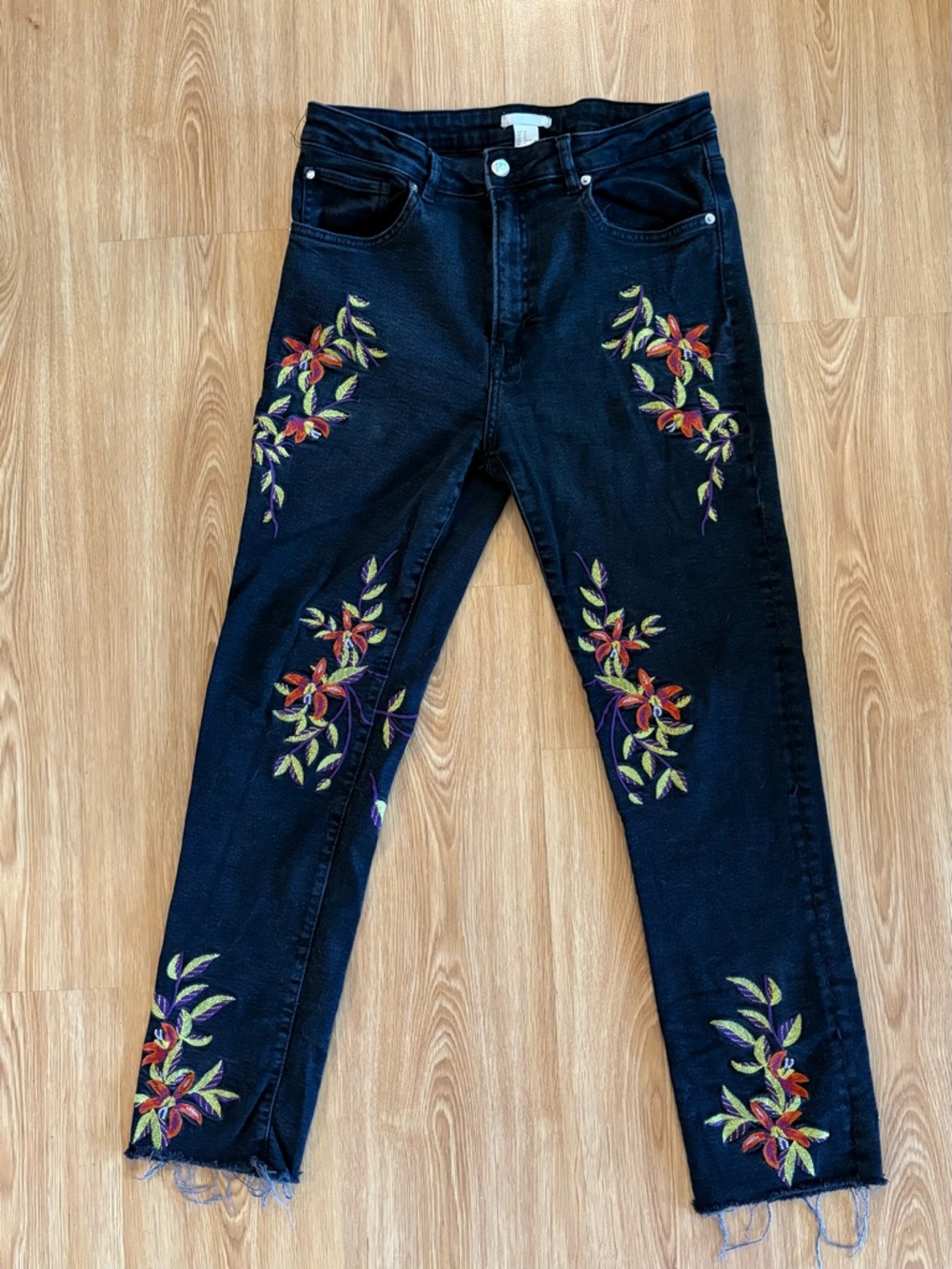 H&M Black Straight-Leg Jeans with Red Floral Embroidery